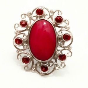 Vintage Coral & Garnet Signed Sterling Silver Ring-5